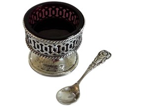Antique Sterling Salt Cellar With Spoon & Amethyst Glass Insert