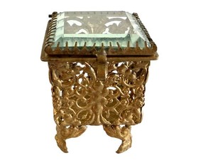 Vintage Miniature Jewelry Casket - Gilt Metal Trinket Box