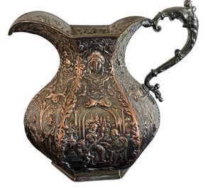 Antique German Hanau Solid Silver Repouss Pitcher  Ewer, Late 19th C.
