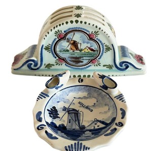Vintage Delft Hand-Painted Knife Holder & Dish (Lot of 2)