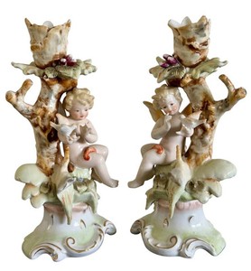 Porcelain Putti Figurines - Matching Pair With Crossed Arrows Mark 6341
