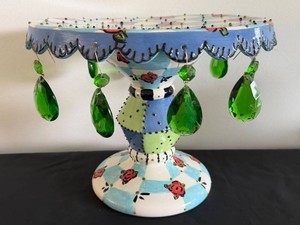 Decorative Pedestal Bowl - Hand-Painted Ceramic With Green Drops