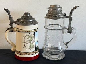 Vintage Beer Steins - Ceramic & Cut Glass Pewter-Lid Pair (Lot of 2)