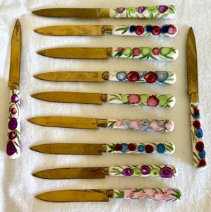 DR - Antique Austrian Uchatius Bronze Fruit Knives - Porcelain Handles
