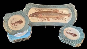 FR - Antique Frieda Geschtzt German Porcelain Fish Service Set - Platter & Plates