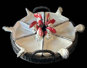 FR - Vintage Mid-Century Italian Ceramic Rooster 7-Piece Crudit & Relish Serving Set with Basket