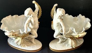 FR - Antique Porcelain Putti Compotes - German Neoclassical Pair
