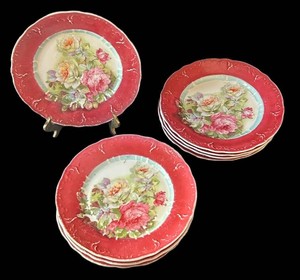 FR - Floral China Plates - Red Embossed Rose Design 8-Piece Set