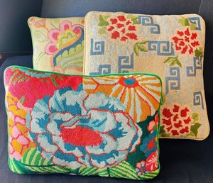 FR - Vintage Needlepoint Throw Pillows - Floral & Greek Key