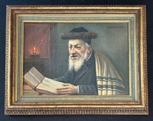 FR - Original Oil Painting - Judaica Portrait Rabbi Reading by Szewczenko Framed
