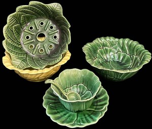 FR - Vintage CabbageLeaf-Motif Ceramic Group - Cemar Bowls & Dishes (6 Pieces)