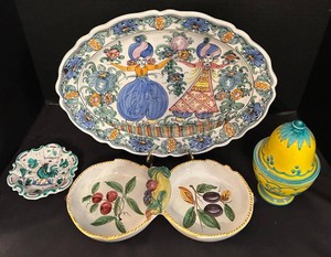 FR - Hand-Painted Ceramic Decor Mixed Lot - Skyros Dish & Covered Vessel 4pc