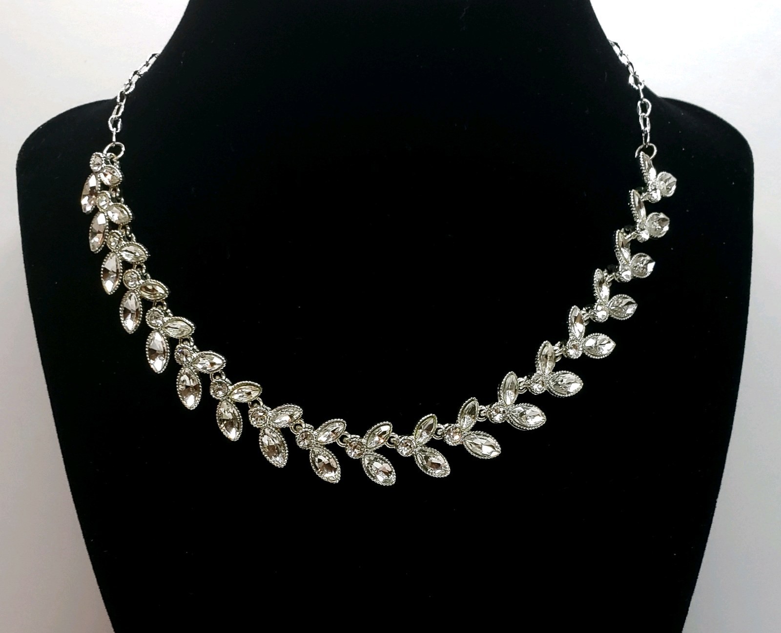 Silver-Tone Rhinestone Crystal Leaf Choker Necklace