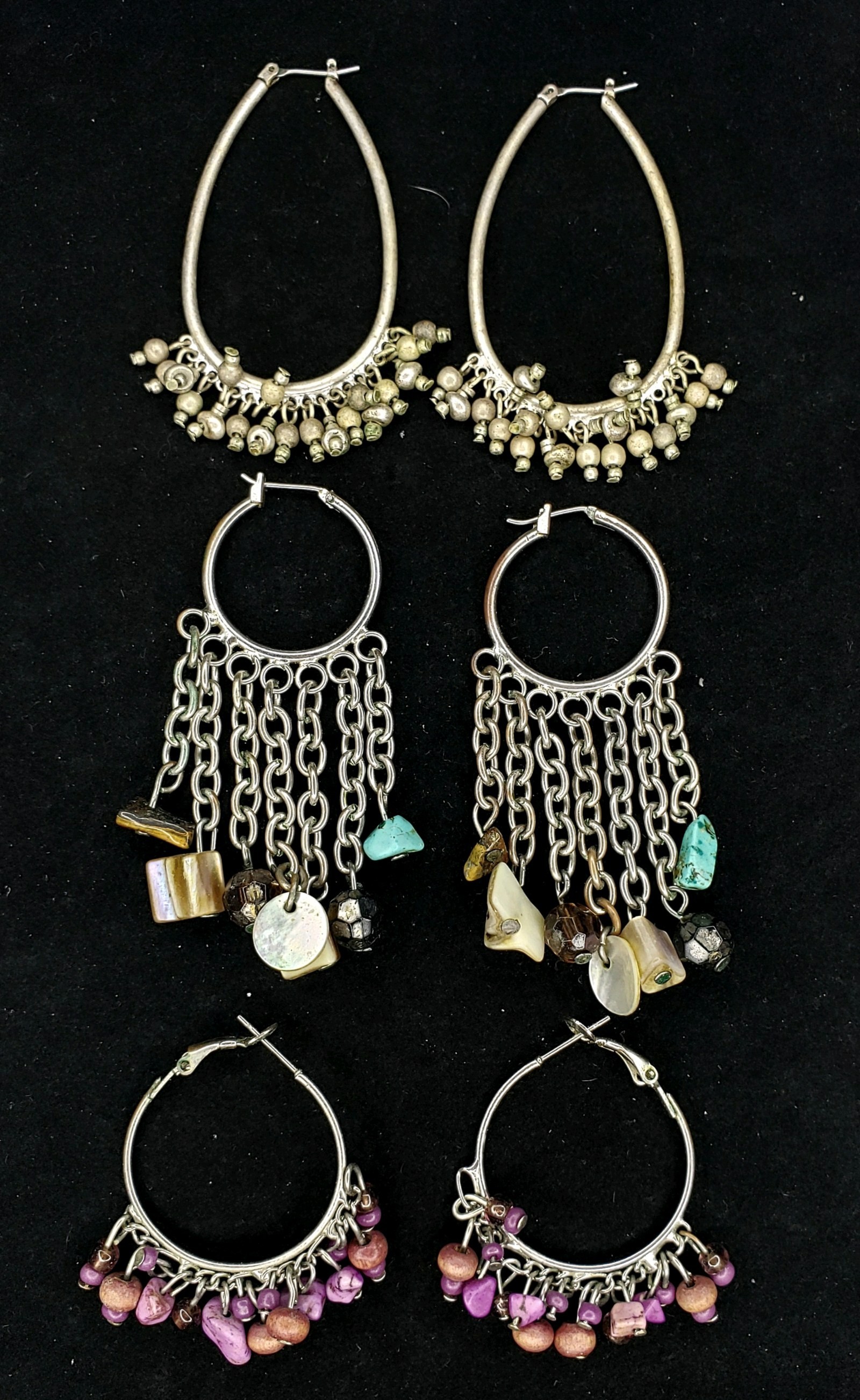 Three Silver Tone Dangle Hooped Earrings