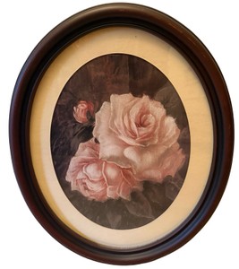 Vintage Oval Framed Pink Roses Oil Painting Still Life