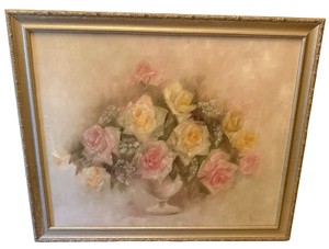 Vintage Mid-Century Floral Still Life  Pastel Roses in Silver Gilt Frame