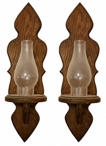 Vintage Colonial Wood & Glass Hurricane Wall Sconces - Pair