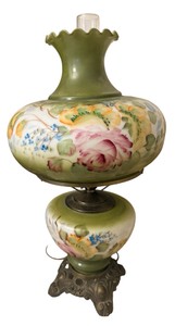 Vintage Large Green Floral Hurricane Lamp 3-Way Lighting