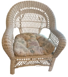 Vintage White Wicker Armchair with Floral Cushion