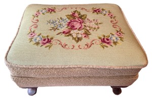 Vintage Needlepoint Square Footstool  Floral Rose Bouquet Top