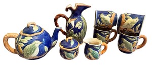 Vintage 1990s Henriksen Imports Majolica Partridge in a Pear Tree Ceramic Tea & Pitcher Set