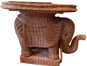 Vintage Rattan Wicker Elephant Side Table - Trunk Up