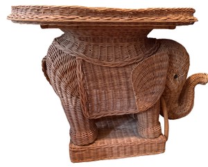 Vintage Rattan Wicker Elephant Side Table - Trunk Up