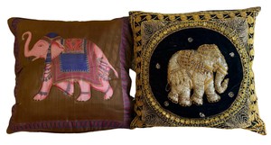 Pair of Vintage Embroidered Elephant Accent Pillows - Silk & Velvet Style
