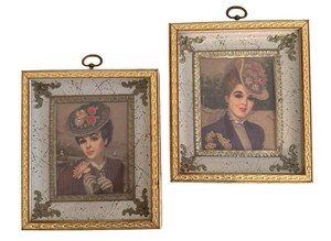 Vintage Hollywood Regency Portrait Prints with Ornate Gold Frames - Pair