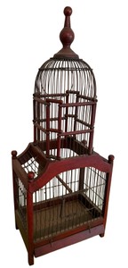 Antique Victorian-Style Red Wooden Two-Tier Bird Cage