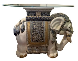 Vintage Ceramic Elephant Accent Table with Glass Top