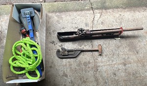 Vintage Pipe cutter and threader, box of other miscellaneous garden tools
