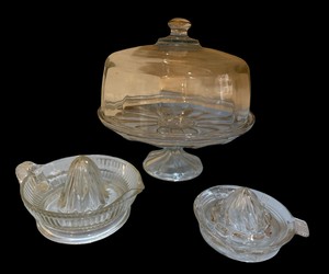 Glass Cake Dish and 2 Reamers