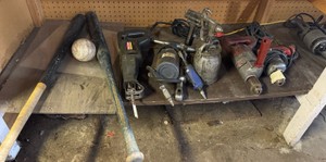 Vintage Garage Tool Lot  Power Drills, Spray Gun, Saw & Baseball Bats