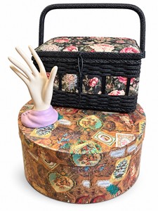 Vintage Decor Lot Floral Tapestry Sewing Basket, Patterned Hat Box & Ceramic Hand