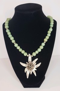 Jade Bead & Silver Tone Edelweiss Flower Necklace