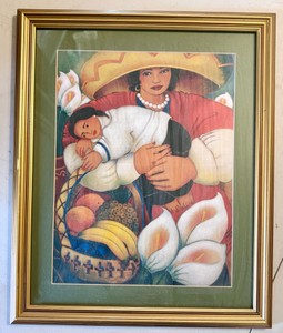 Open Edition or gicle Art Print Titled Market Day by American Self-Taught Folk Artist Linda Carter Holman.