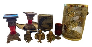 Vintage Brass & Ruby Glass Decor Lot