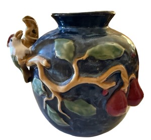 Vintage Majolica-Style High-Relief Blue Bird & Pear Ceramic Vase