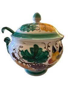 Vintage Italian Majolica Ceramic Soup Tureen with Ladle