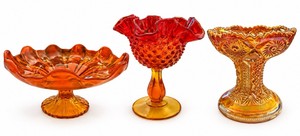 Vintage Marigold & Amberina Carnival Glass Pedestal Set (3-Piece)