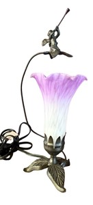 Art Nouveau Accent Lamp with Cherub & Purple Lily Glass Shade - 12
