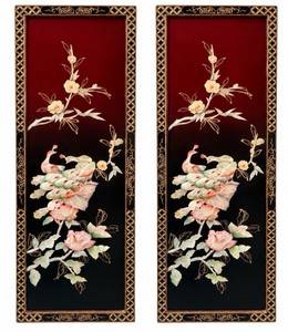 Mid-Century Chinese Lacquer & Mother-of-Pearl Peacock Panels Pair