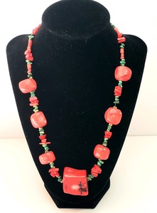 Vintage Chunky, Red Bamboo, Coral and Green Turquoise Chip Necklace - 19