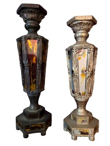 Vintage Hexagonal Amber Glass Pillar Candle Holders