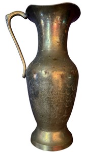 Vintage Hand-Crafted Brass Ewer Pitcher  Etched Floral Motif