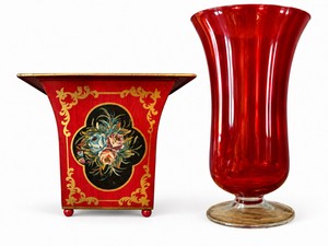 Hand-Painted Tole Cachepot & Ruby Glass Vase Set
