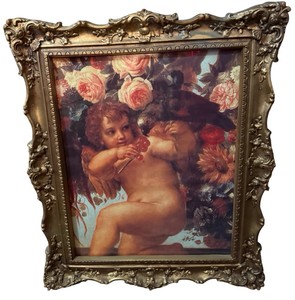 Framed Vintage Cherub with Parrot Floral Art Print