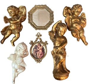 Vintage Gold & White Cherub Wall Decor Collection with Ornate Octagonal Mirror