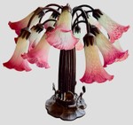 Vintage Tiffany Style Lily Pad & Tulip 15 Light Table Lamp Bronze, Pink, and White